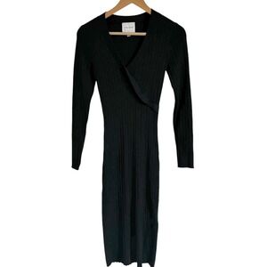 Pink Rose Knit Sweater Dress Bodycon Ribbed Long Sleeve Wrap‎ Black XS